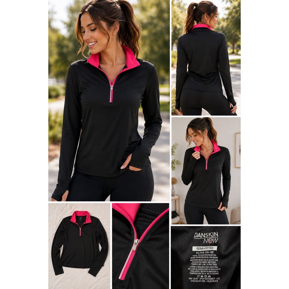 Danskin Now Womens XL Black Pink Quarter Zip Long Sleeve‎ Thumbhole Athletic Top